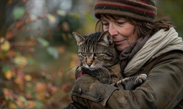 An older woman holding a cat closely, evoking feelings of care and comfort in autumn setting AI