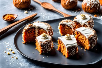 Carrot cake bliss balls coated in desiccated coconut, AI generated