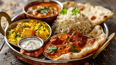 Delicious Indian curry, naan, and rice served in traditional dishes, ai generated, AI generated