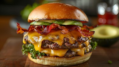 Mouthwatering double patty cheeseburger with bacon, cheese, and lettuce on a sesame bun, ai