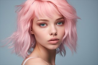 Portrait of young beautiful woman with pastel colored pink hair on blue studio background. KI