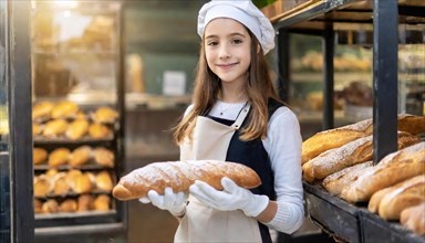 Ai generated, woman, 20, 25, years, shows, bakery, bakery shop, baquette, white bread, France,