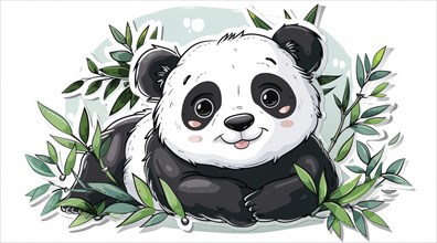 A playful and cute illustrated panda surrounded by green leaves, ai generated, AI generated