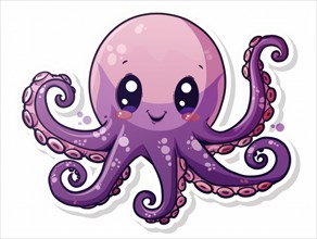 A smiling purple cartoon octopus with pink spots on a white background, ai generated, AI generated