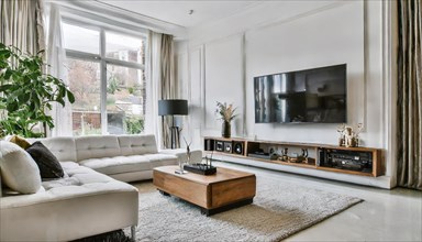 KI generated, A modern white living room, bright furnishings, TV