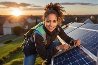 A smiling woman installing solar panels on a rooftop at sunset, women at heavy industrial
