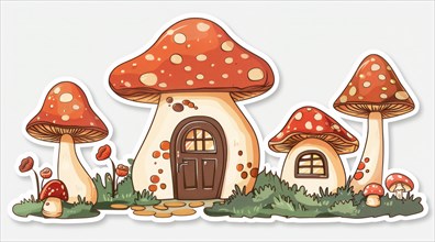 Colorful cartoon illustration featuring a cluster of whimsical mushroom houses with wooden doors,