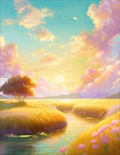 Dreamlike riverside illustration, summer season scene in pastel colors. Blooming pink flowers on