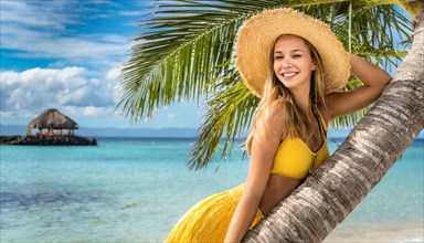 AI generated, A blonde girl enjoys a holiday in the Caribbean while sitting on a palm tree on the