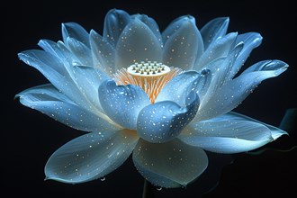 A digitally enhanced blue lotus flower glows with luminescent droplets, AI generated
