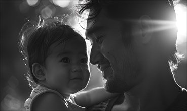 A tender moment between a father and his baby highlighted by backlight AI generated