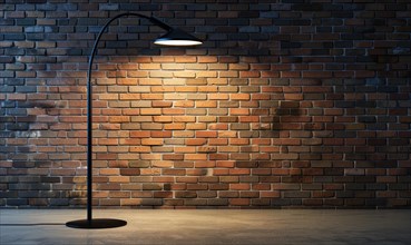 A modern arc floor lamp stands out against a brick wall, providing warm lighting in a sophisticated