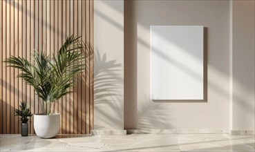 Minimalist interior design with a potted plant casting shadow on a wall beside an empty frame AI