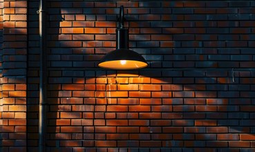 An outdoor lamp casts a warm glow on a red brick wall, creating a cozy evening ambiance AI