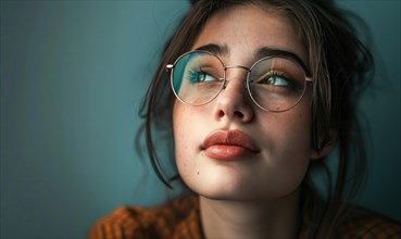 Introspective woman in glasses glancing upward, colored lighting enhances mood AI generated
