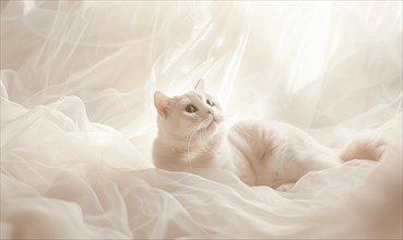 A serene white cat lying on soft, glowing fabric creating an ethereal atmosphere AI generated