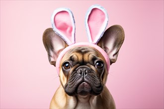 Funny French Bulldog dog with Easter bunny costume ears in front of pink studio background. KI
