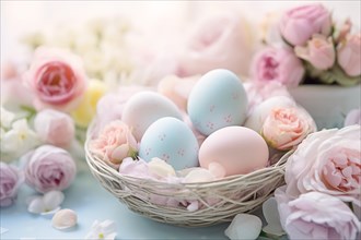 Pastel colored Easter eggs in white basket surrounded by pink peony flowers. KI generiert,
