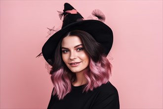 Portrait of young woman with black and pink hair wearing a Halloween costume witch hat in front of