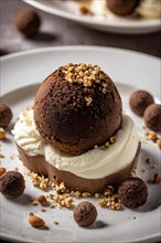 Decadent chocolate ice cream truffle coated in crushed hazelnuts and cocoa powder, AI generated