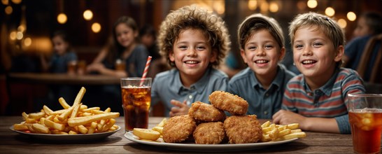 Three cheerful children enjoying fast food meals together indoors at bistrot, wide horizontal