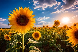 Sunflower field under scorching sun flowers wilting in heat, AI generated