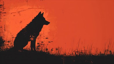 Silhouette of a howling wolf against a red and orange textured backdrop, ai generated, AI generated
