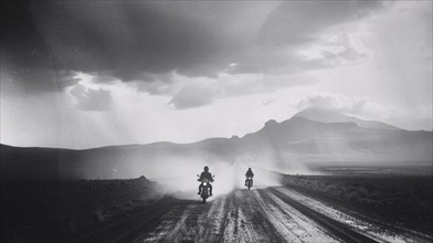 Two motorcycles kick up dust on a gravel road under a dramatic sky, AI generated