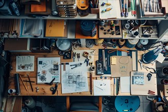 An overhead view of a busy and creative workspace filled with tools and sketches, AI generated