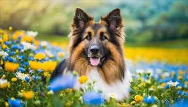 KI generated, A German shepherd dog lies in the grass of a meadow with many flowers