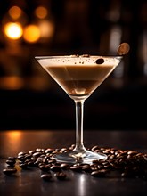 Espresso martini in a frosted cocktail glass adorned with three coffee beans, AI generated