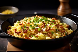 Cheese spaetzle nestled in a cast iron skillet fried onions caramelized to a golden crisp, AI