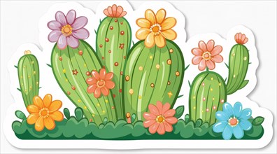 Colorful illustrated cacti in a vibrant and cheerful cartoon style, ai generated, AI generated