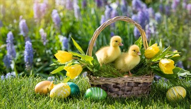 Ai generated, An Easter basket with coloured eggs in a meadow with colourful flowers, two goslings