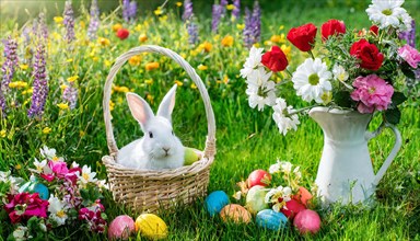 Ai generated, An Easter basket with coloured eggs in a meadow with colourful flowers, in the basket