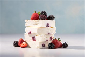 Stack with white nougat with berry fruits. KI generiert, generiert AI generated