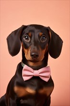 Portrait of cute tan Dachshund dog with pink bowtie in front of studio background. KI generiert,