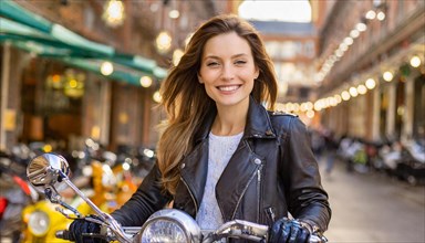 AI generated, An attractive woman rides through the city on a motorbike