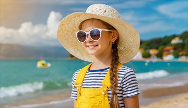 KI generated, An 8 year old blonde girl with sunglasses and a straw hat is on holiday on the beach