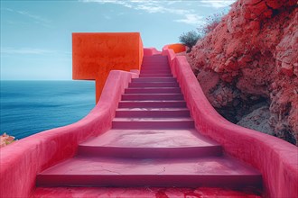 Vivid pink staircase with unique architectural shapes against a seascape and clear sky, AI