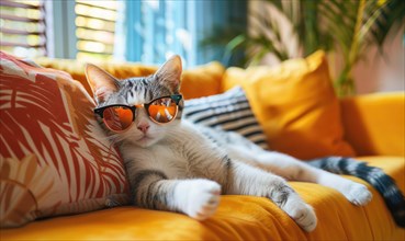 A cat lounges on a yellow couch with sunglasses, exuding style and comfort AI generated