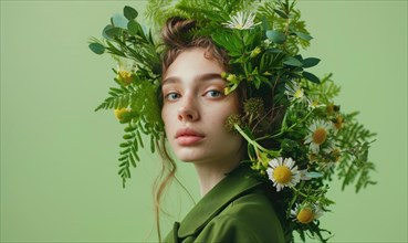 Serene woman in green, her hair is a cascade of wildflowers and greenery AI generated