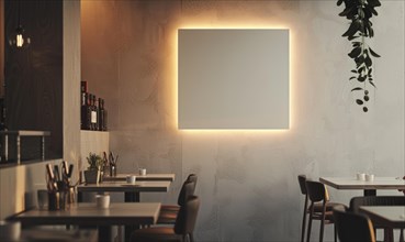 Inviting cafe corner with a glowing picture frame on a textured wall and hanging plants AI