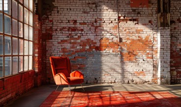 Cozy modern interior with an armchair against a sunlit brick wall AI generated