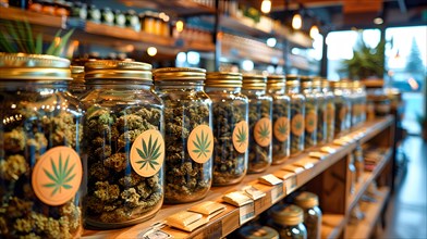 Dried hemp flowers (cannabis) are sold in a jar with a screw cap in a drug shop, AI generated, AI