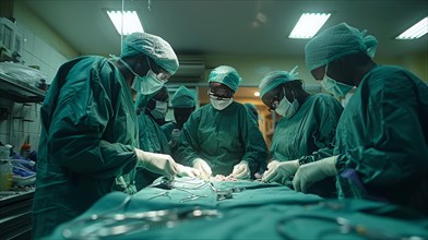 Surgical team in green scrubs intensely focusing on a procedure at the operating table, AI