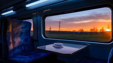 Modern train inside window frame sunset view, AI generated