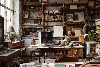 Cluttered vintage workspace with books, papers, and various items, AI generated