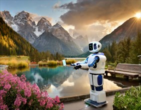 A robot holds a laptop and stands in front of an idyllic mountain lake at sunset surrounded by
