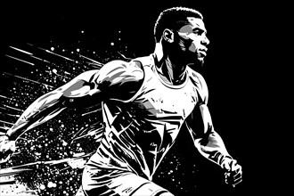 Human athlete in track and field sprinting, black and white illustration, AI generated